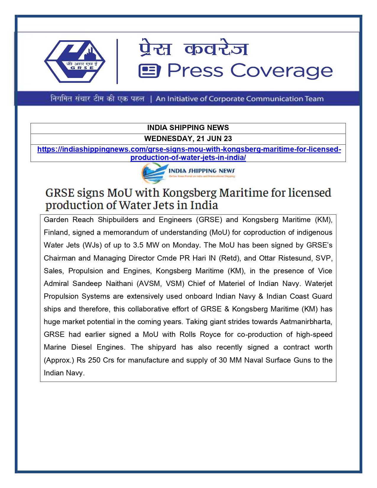 GRSE signs MoU with Kongsberg Maritime for Licensed Production of Water Jets in India